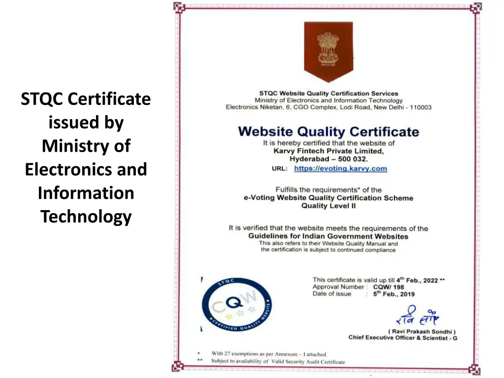 stqc certificate issued by ministry