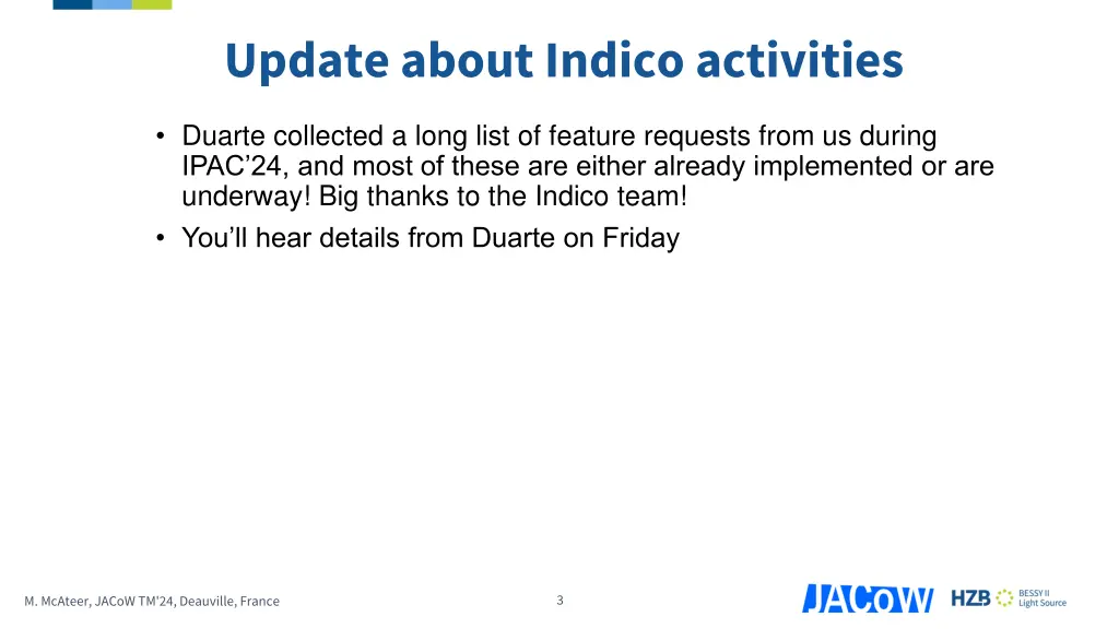 update about indico activities