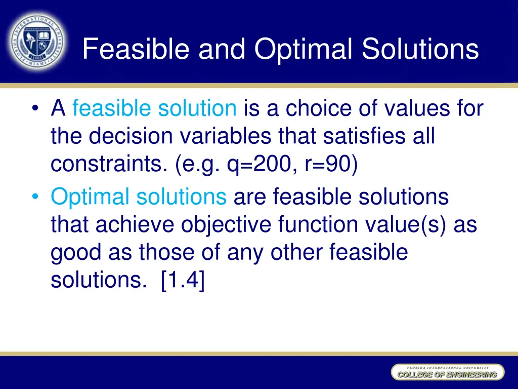 feasible and optimal solutions