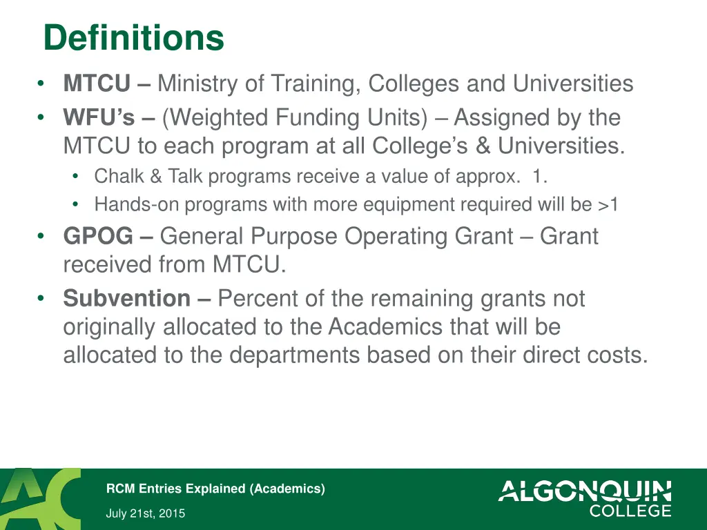 definitions mtcu ministry of training colleges