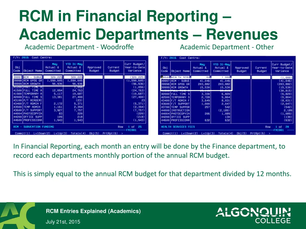 rcm in financial reporting academic departments