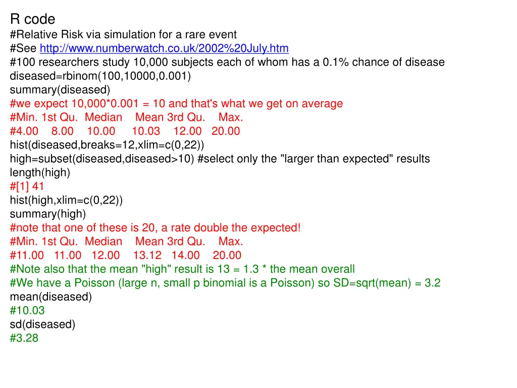 r code relative risk via simulation for a rare