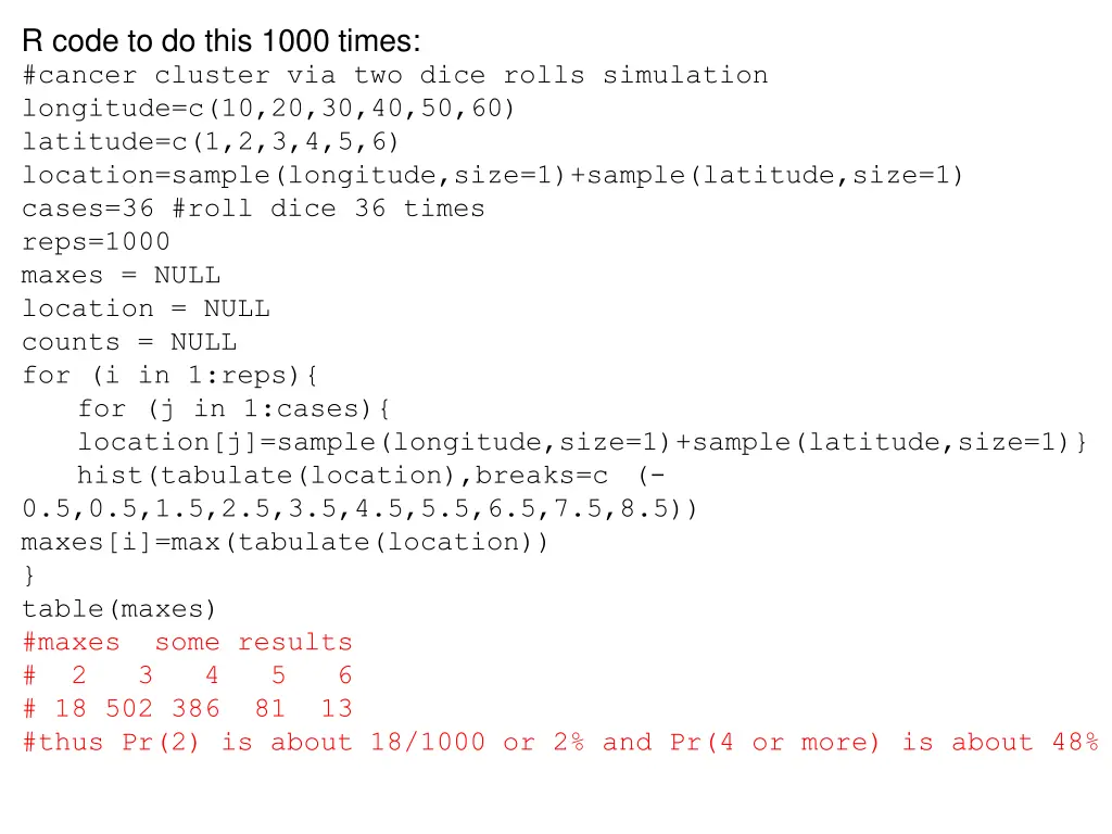 r code to do this 1000 times cancer cluster