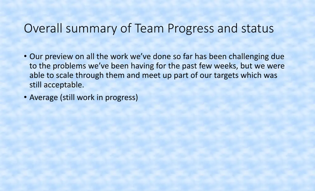 overall summary of team progress and status