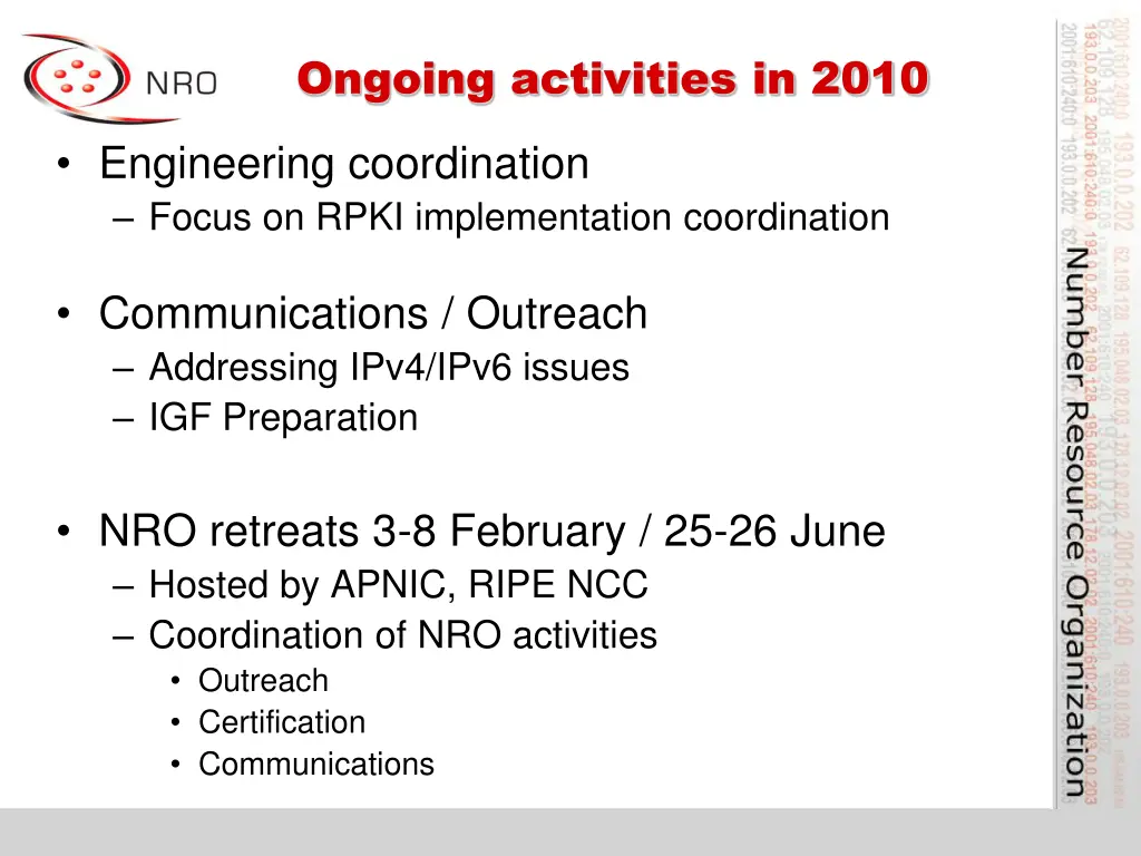 ongoing activities in 2010