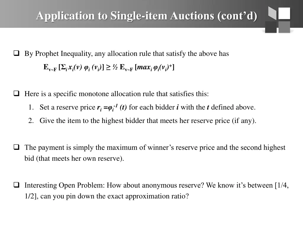 application to single item auctions cont d