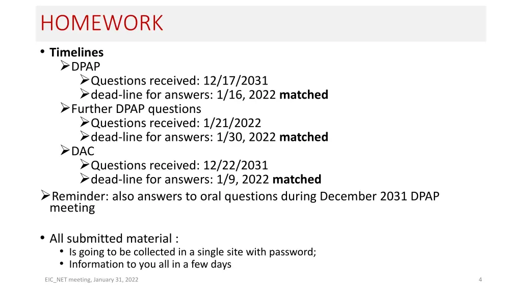homework timelines dpap questions received