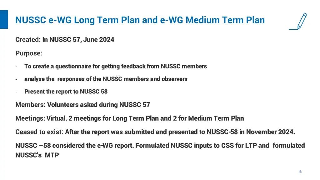 nussc e wg long term plan and e wg medium term