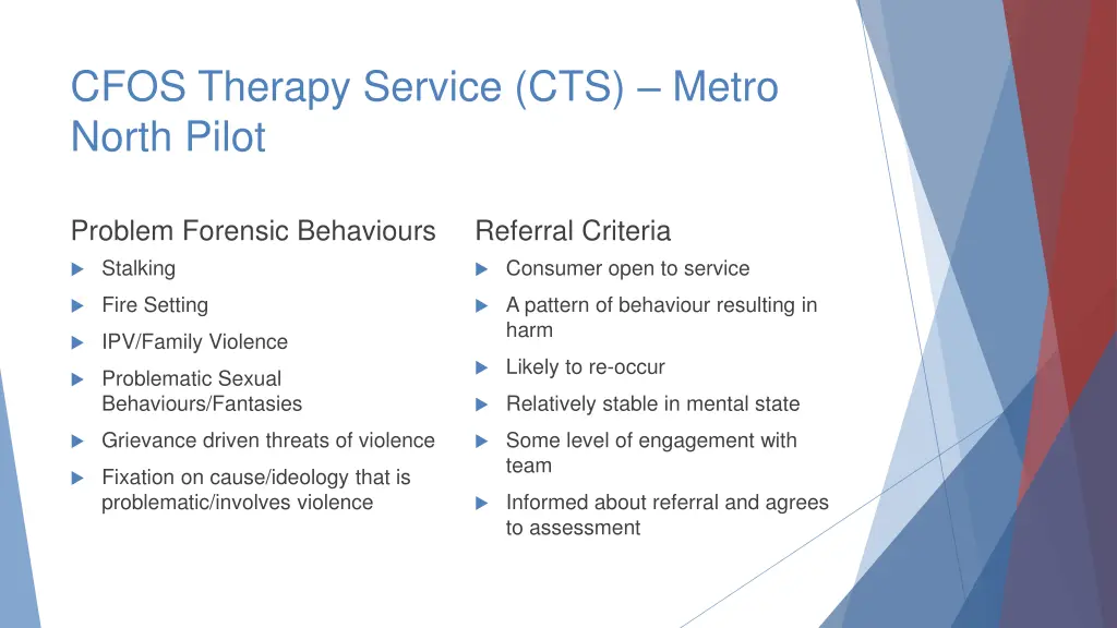 cfos therapy service cts metro north pilot