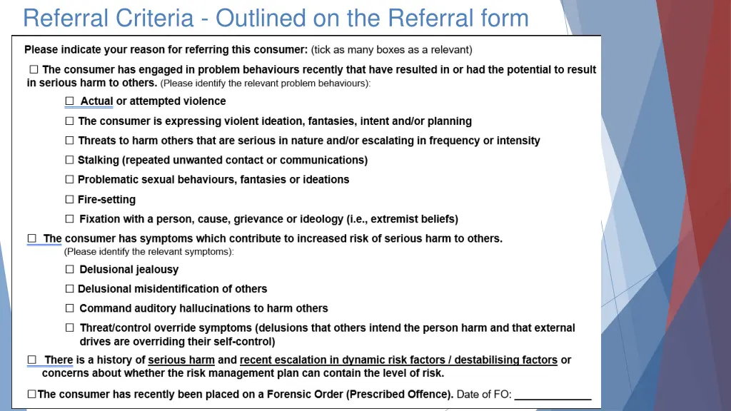referral criteria outlined on the referral form