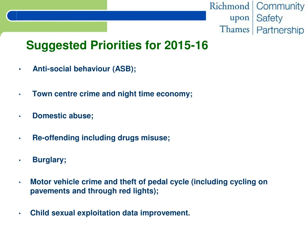 suggested priorities for 2015 16