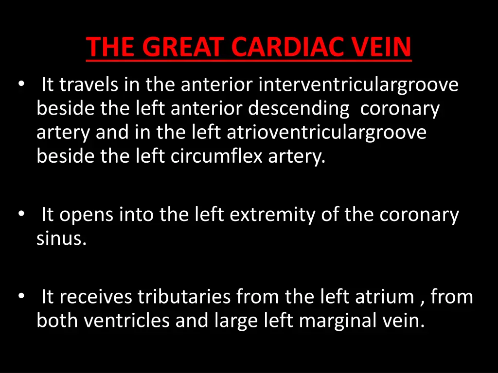 the great cardiac vein it travels in the anterior