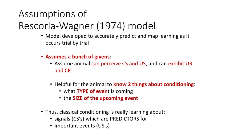 assumptions of rescorla wagner 1974 model model