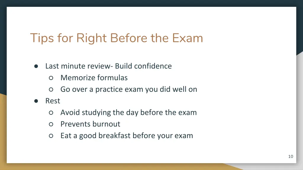 tips for right before the exam