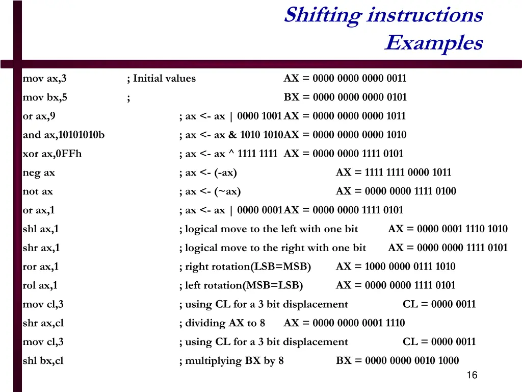 shifting instructions examples