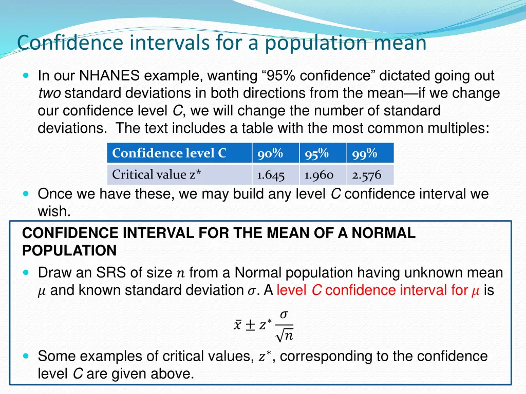 confidence intervals for a population mean