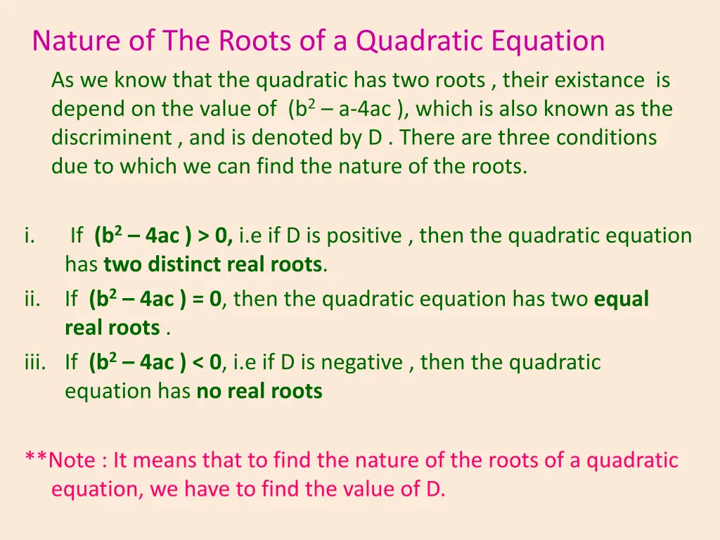 nature of the roots of a quadratic equation