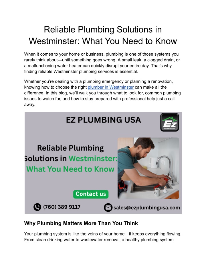 reliable plumbing solutions in westminster what