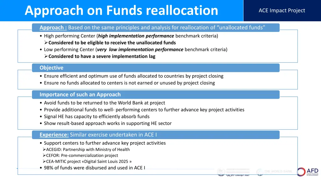 ace impact project approach on funds reallocation