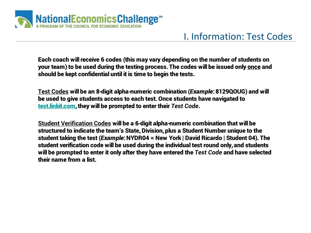 i information test codes