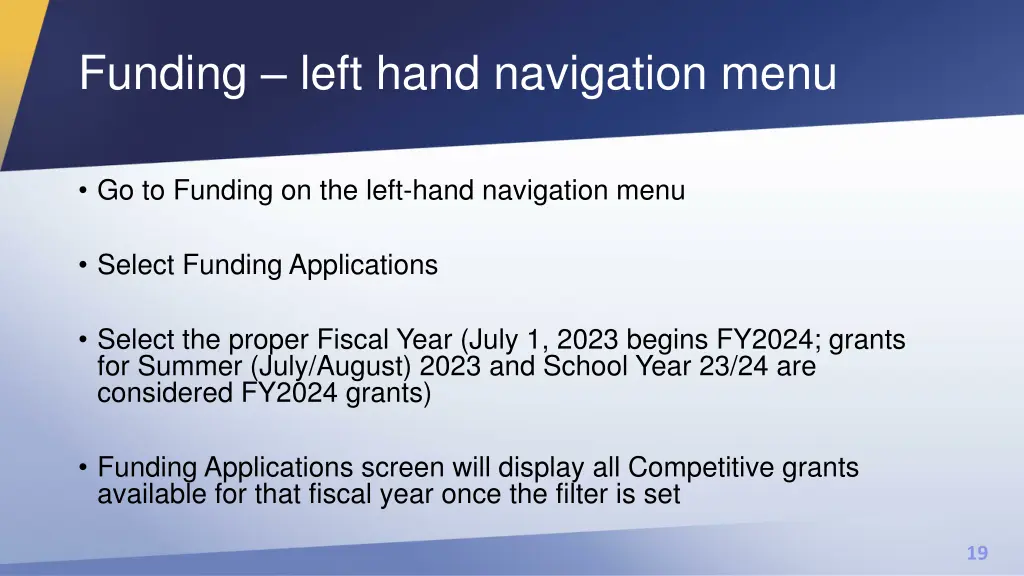 funding left hand navigation menu