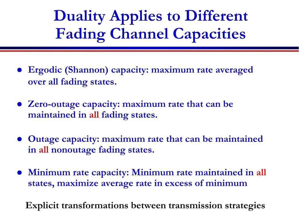 duality applies to different fading channel