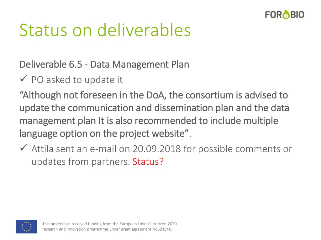 status on deliverables