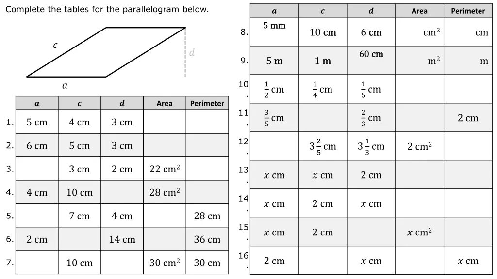 complete the tables for the parallelogram below