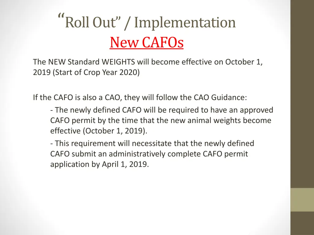 roll out implementation new cafos