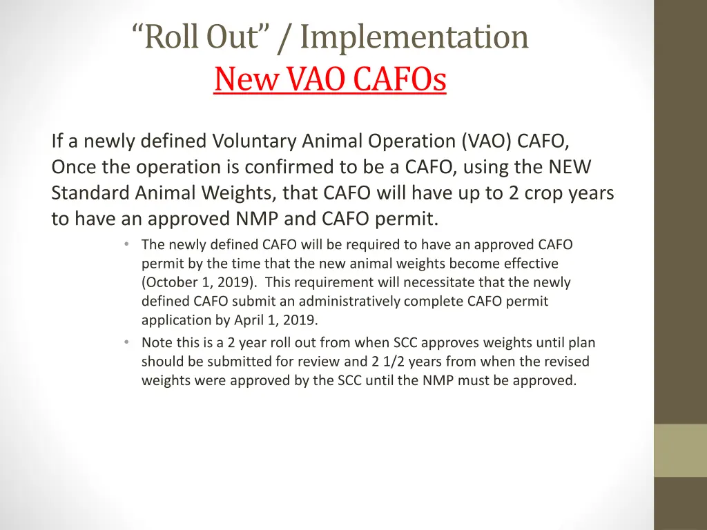 roll out implementation new vao cafos