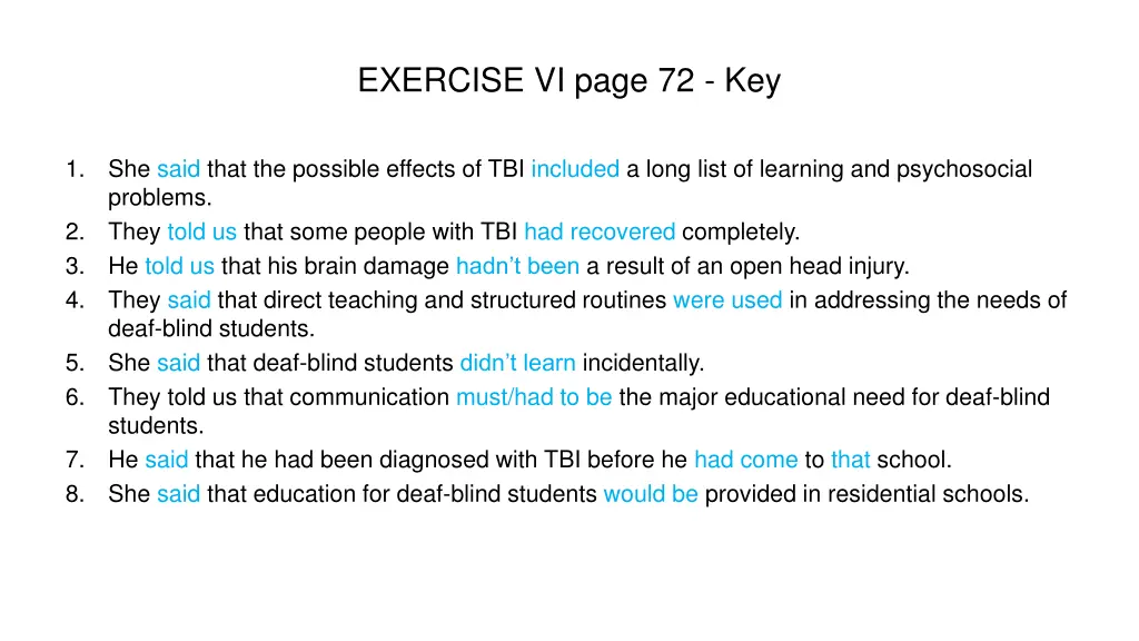 exercise vi page 72 key