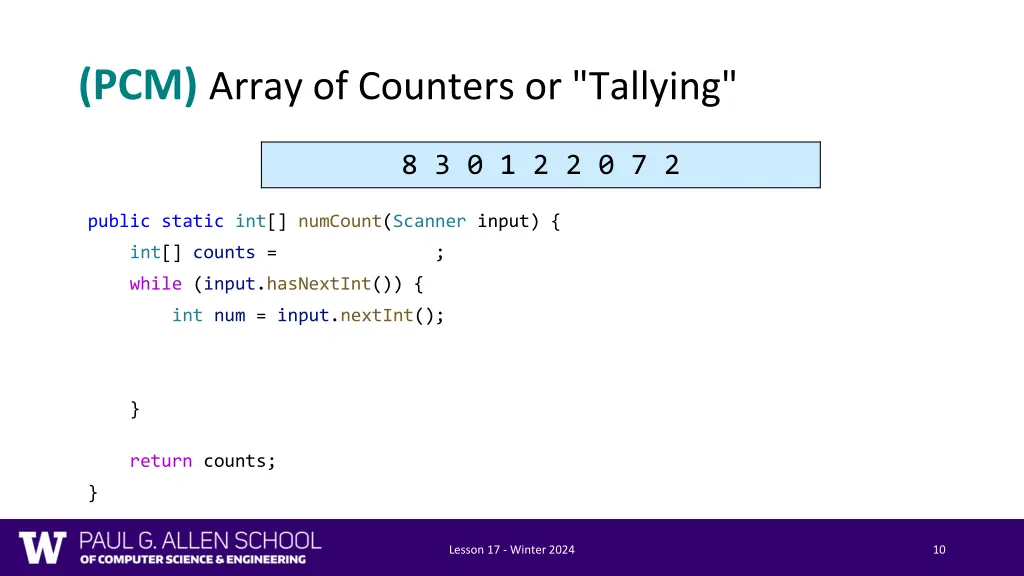 pcm array of counters or tallying