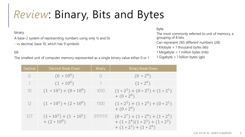 review binary bits and bytes