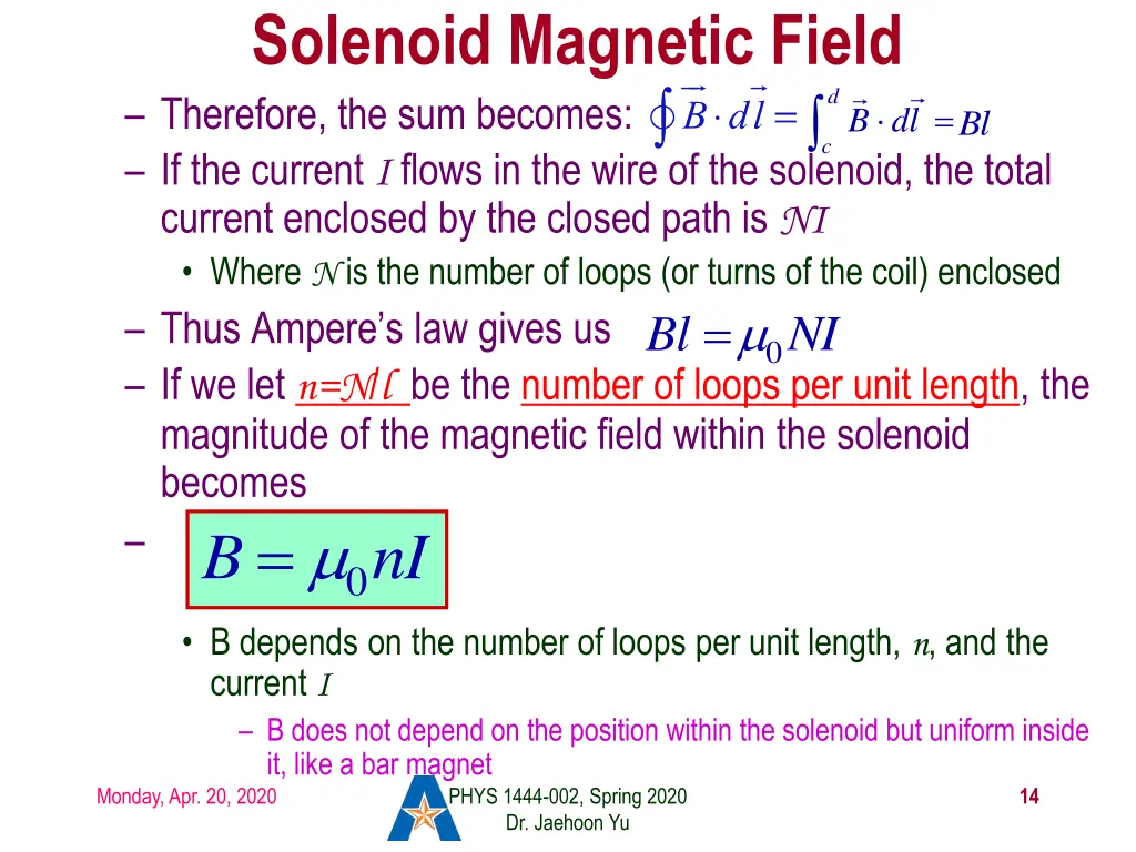 solenoid magnetic field therefore the sum becomes