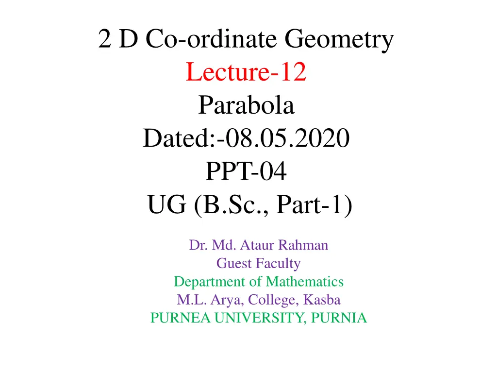 2 d co ordinate geometry lecture 12 parabola