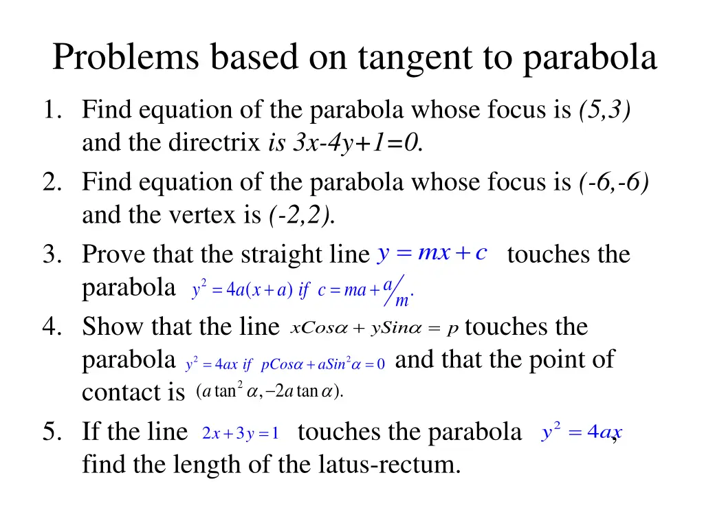 problems based on tangent to parabola