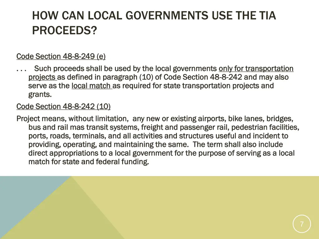 how can local governments use the tia proceeds