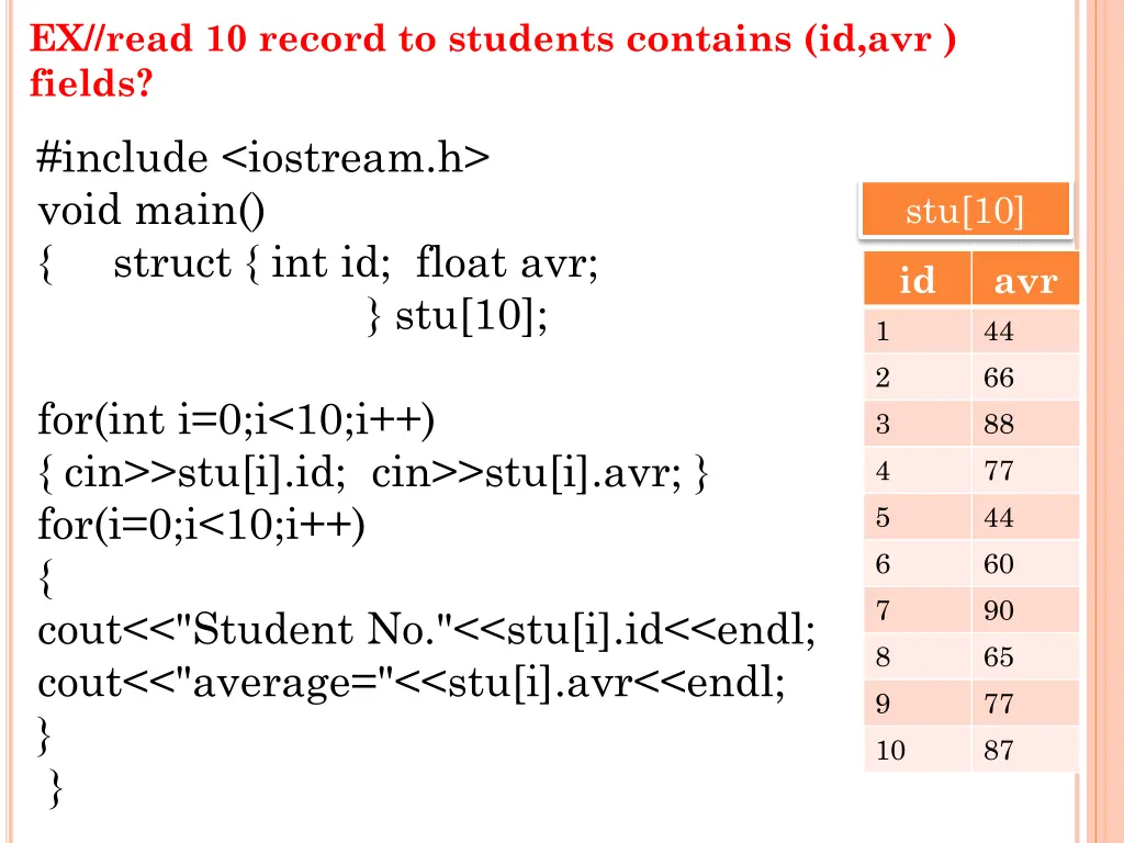 ex read 10 record to students contains