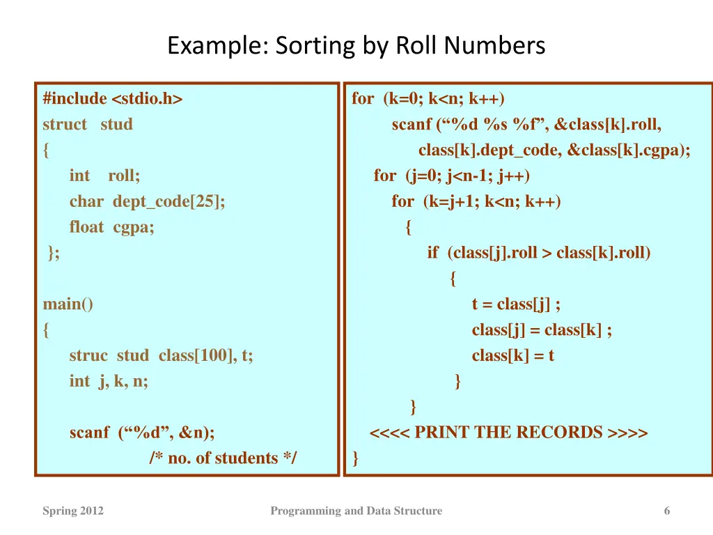 example sorting by roll numbers