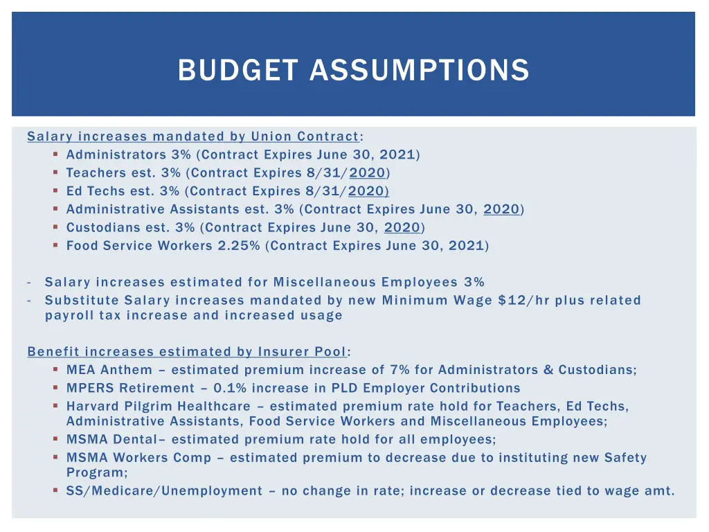 budget assumptions
