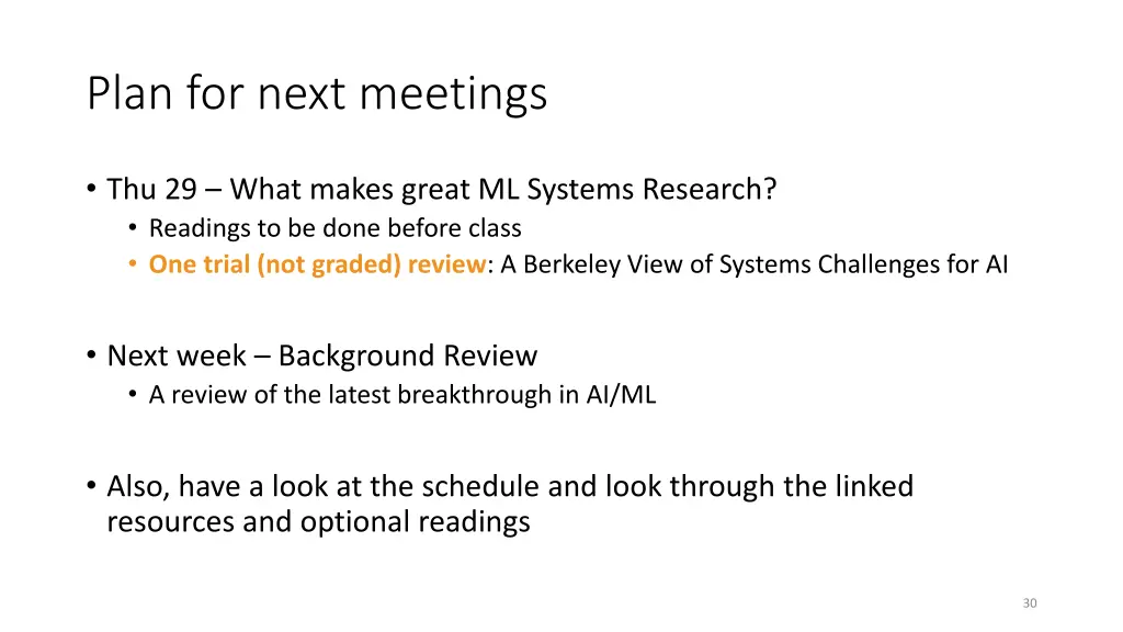 plan for next meetings