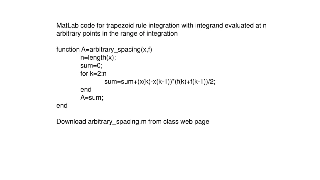matlab code for trapezoid rule integration with