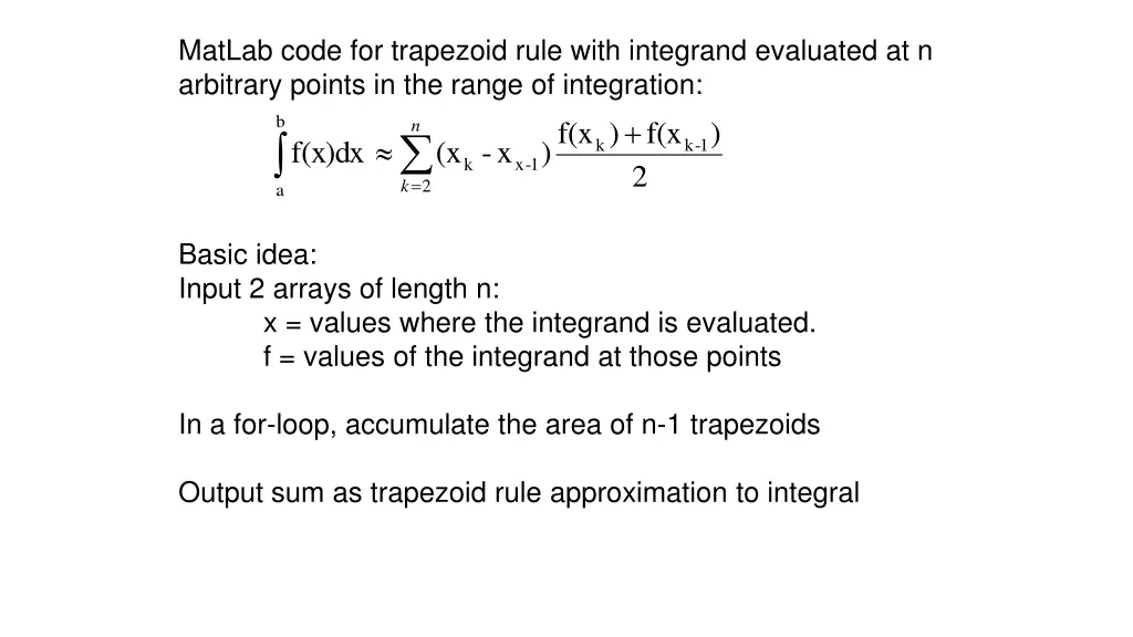 matlab code for trapezoid rule with integrand