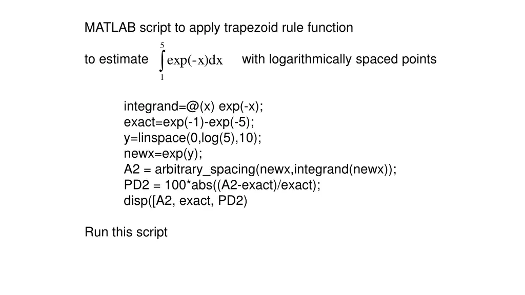 matlab script to apply trapezoid rule function 1