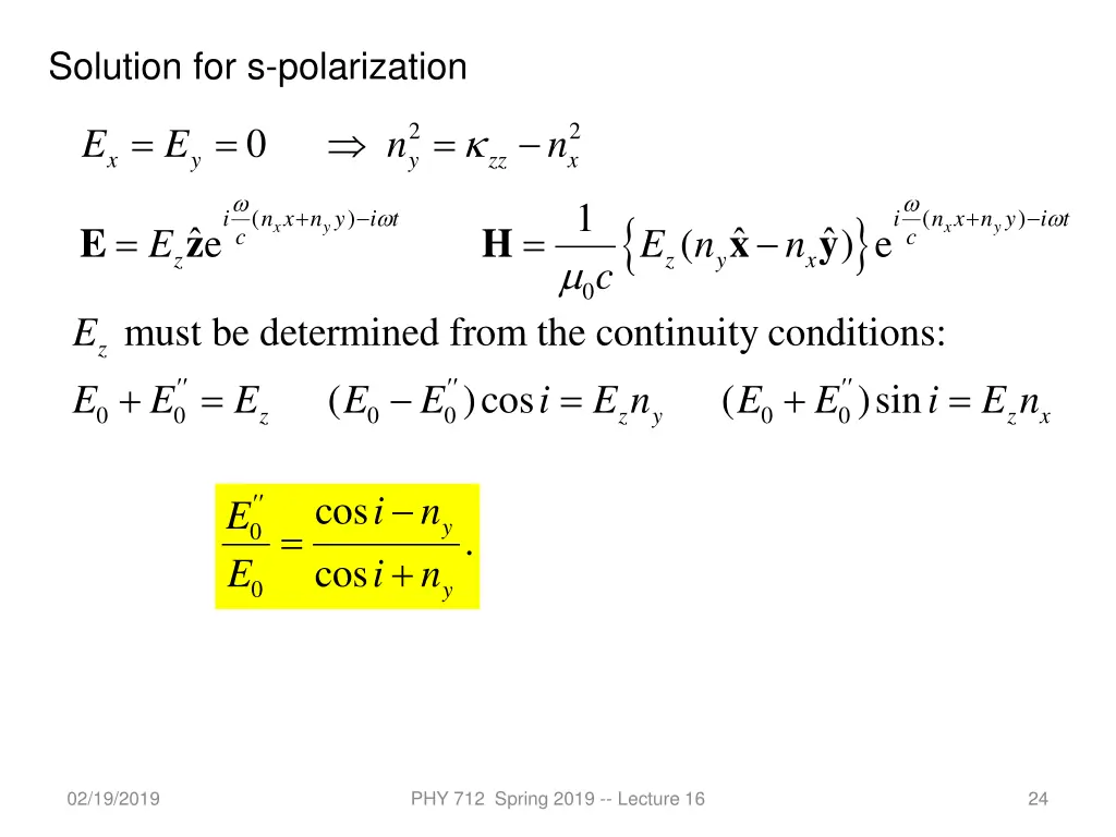 solution for s polarization