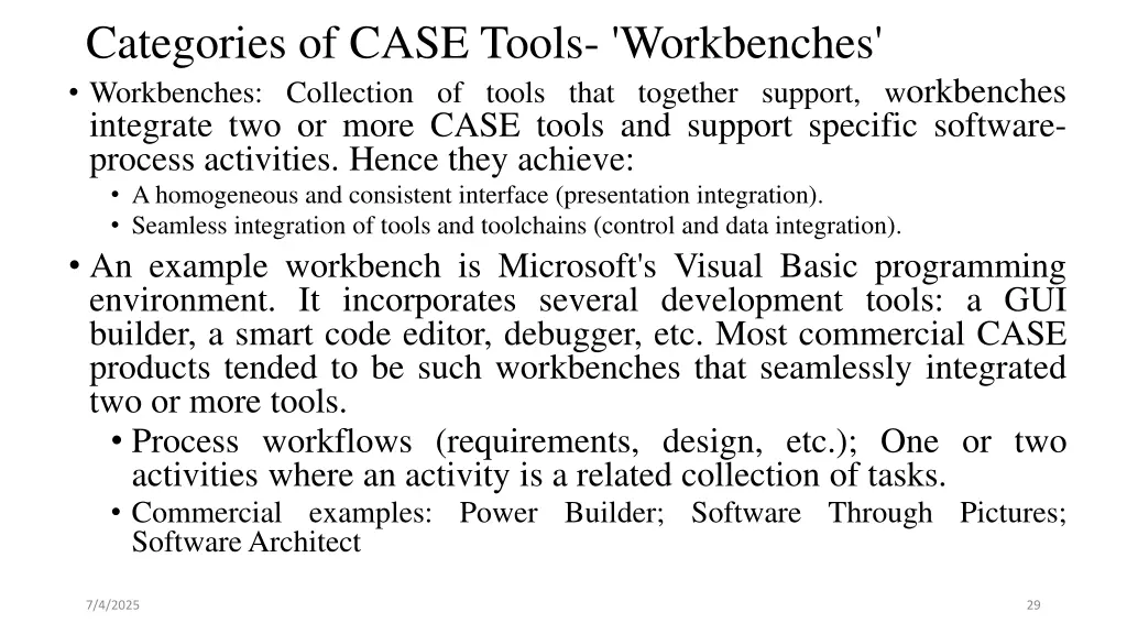 categories of case tools workbenches workbenches