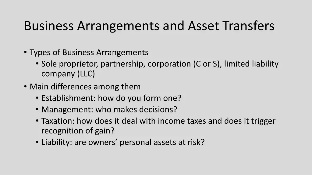 business arrangements and asset transfers