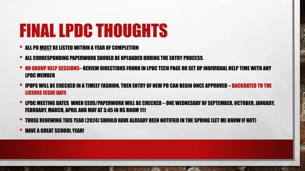 final lpdc thoughts all pd must be listed within