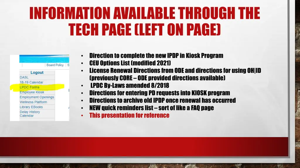 information available through the tech page left