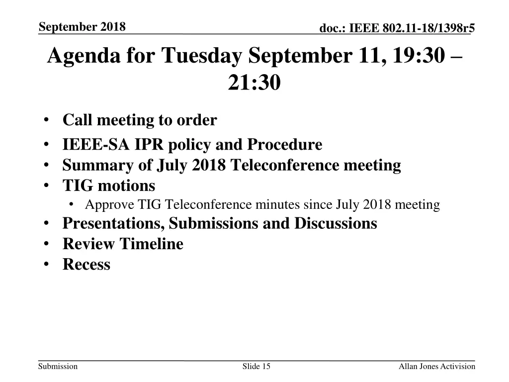 september 2018 agenda for tuesday september
